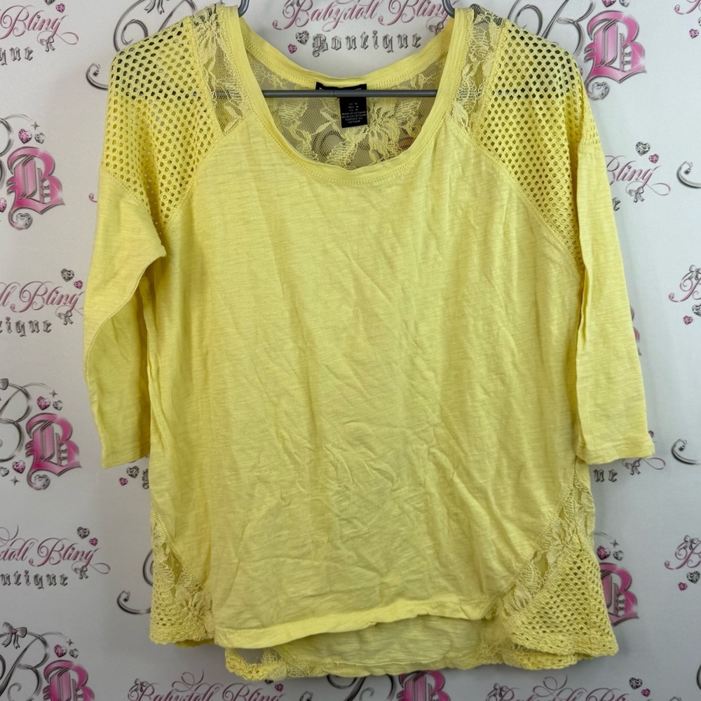 DKNY jeans shirt mesh lace floral Lacie bright Yellow Lace Accent Blouse
